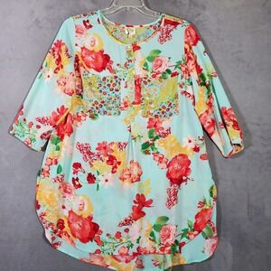 Fig and Flower Tunic Top Womens 1X Aqua Red Floral 3/4 Sleeve Button Cottage